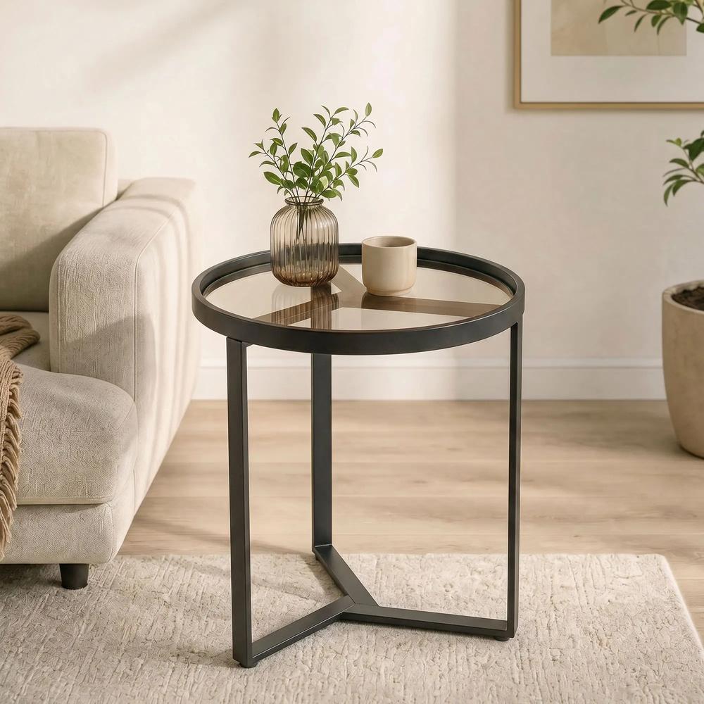 HOMCOM Round Side Table with Tempered Glass Top and Geometric Metal Frame for Small Space Additional View 17