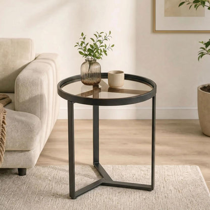 HOMCOM Round Side Table with Tempered Glass Top and Geometric Metal Frame for Small Space Additional View 17