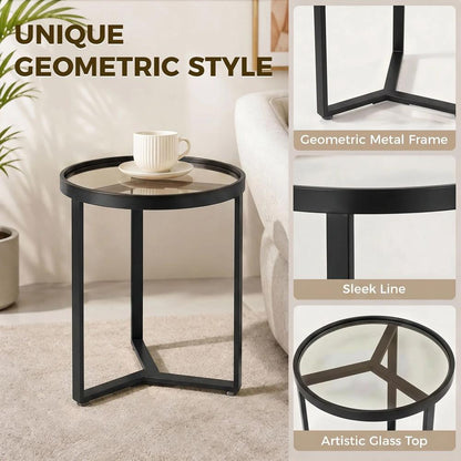 HOMCOM Round Side Table with Tempered Glass Top and Geometric Metal Frame for Small Space Additional View 19