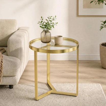 HOMCOM Round Side Table with Tempered Glass Top and Geometric Metal Frame for Small Space Additional View 2