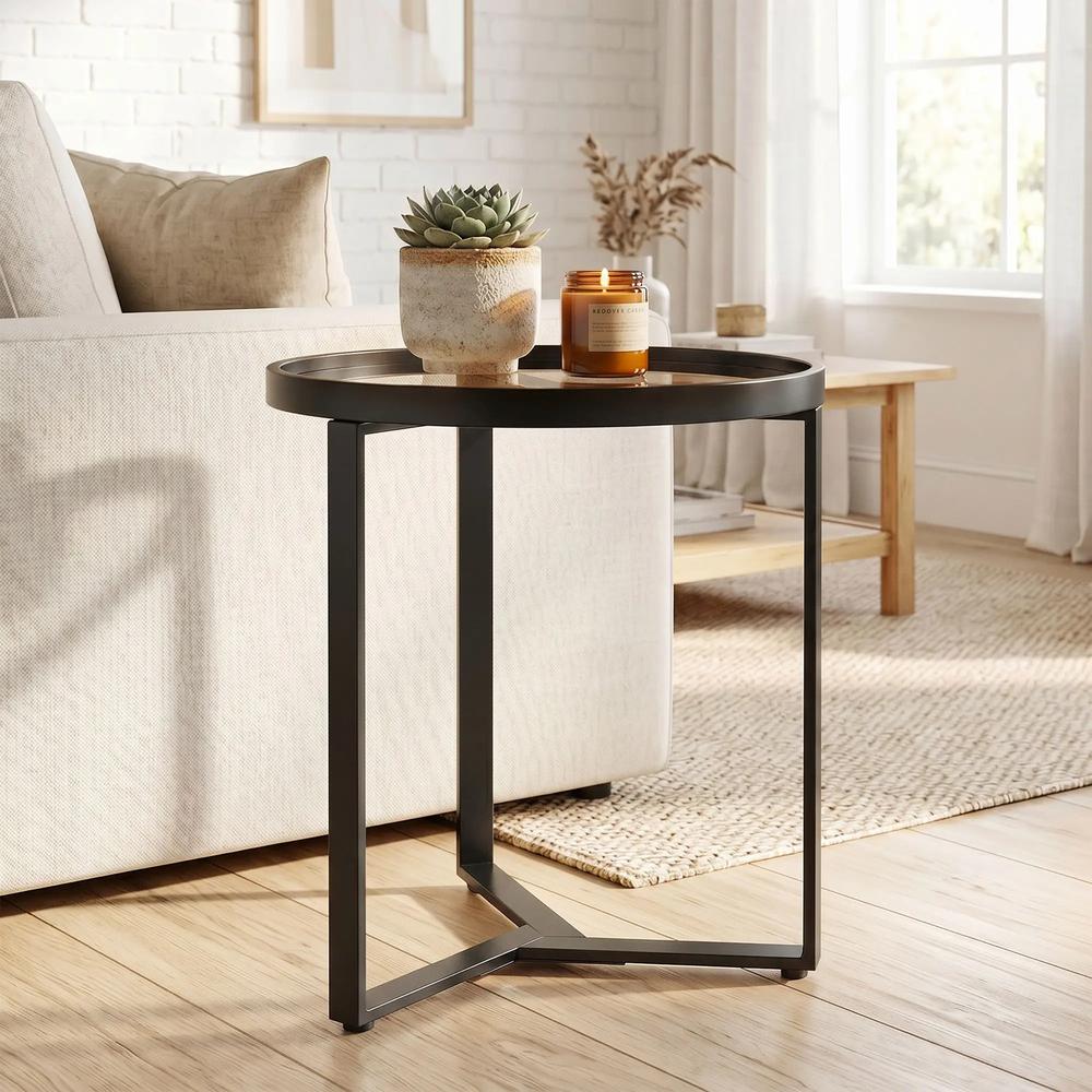 HOMCOM Round Side Table with Tempered Glass Top and Geometric Metal Frame for Small Space Additional View 23