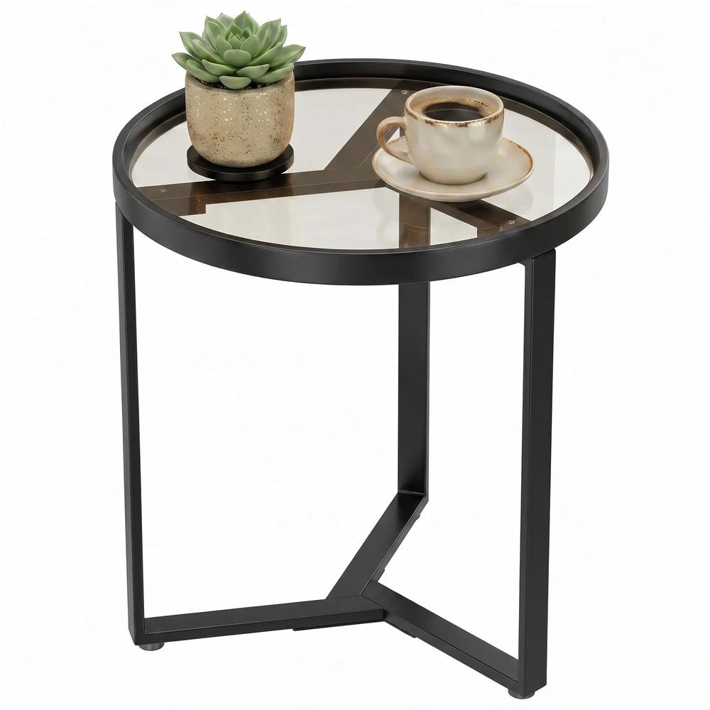 HOMCOM Round Side Table with Tempered Glass Top and Geometric Metal Frame for Small Space Additional View 30