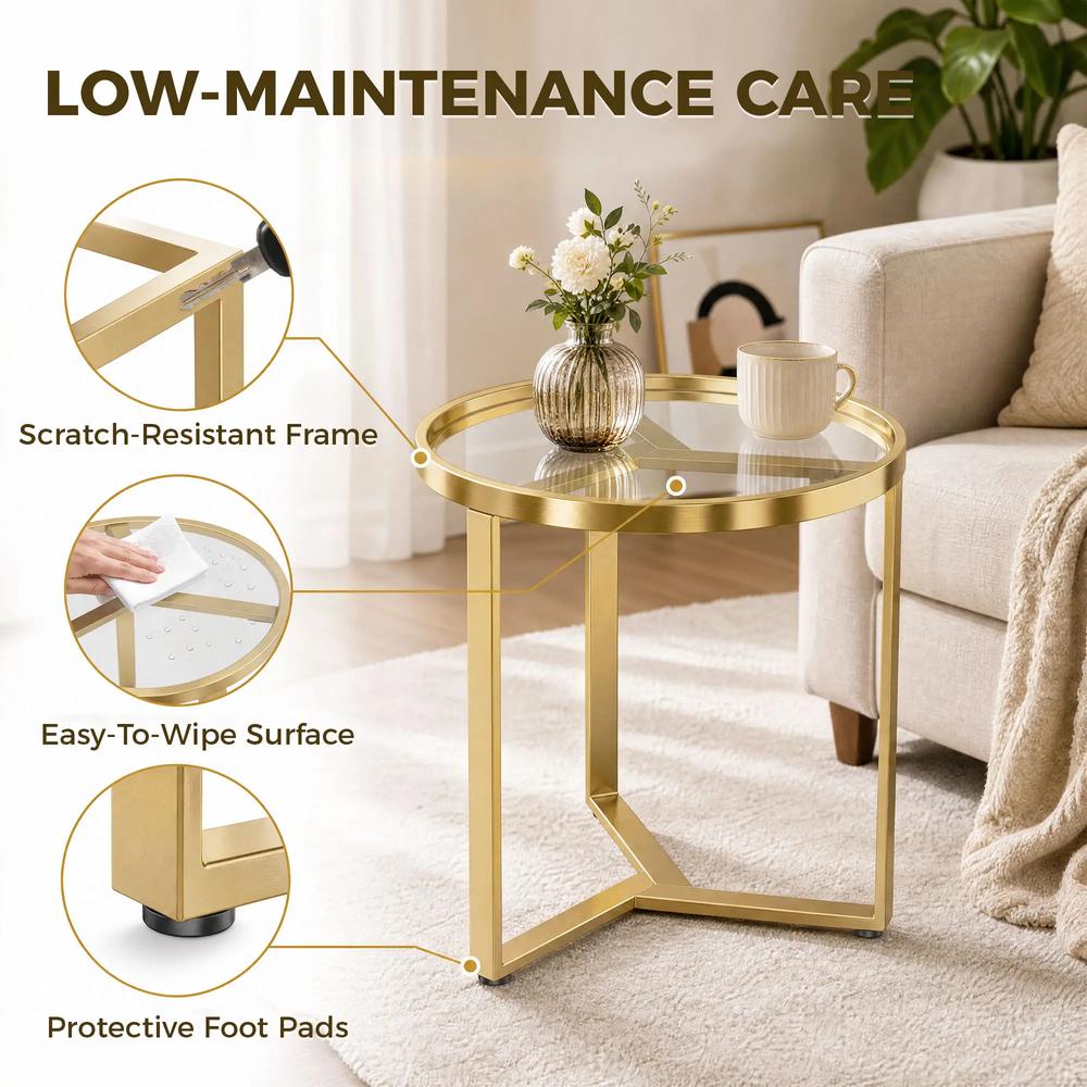 HOMCOM Round Side Table with Tempered Glass Top and Geometric Metal Frame for Small Space Additional View 7