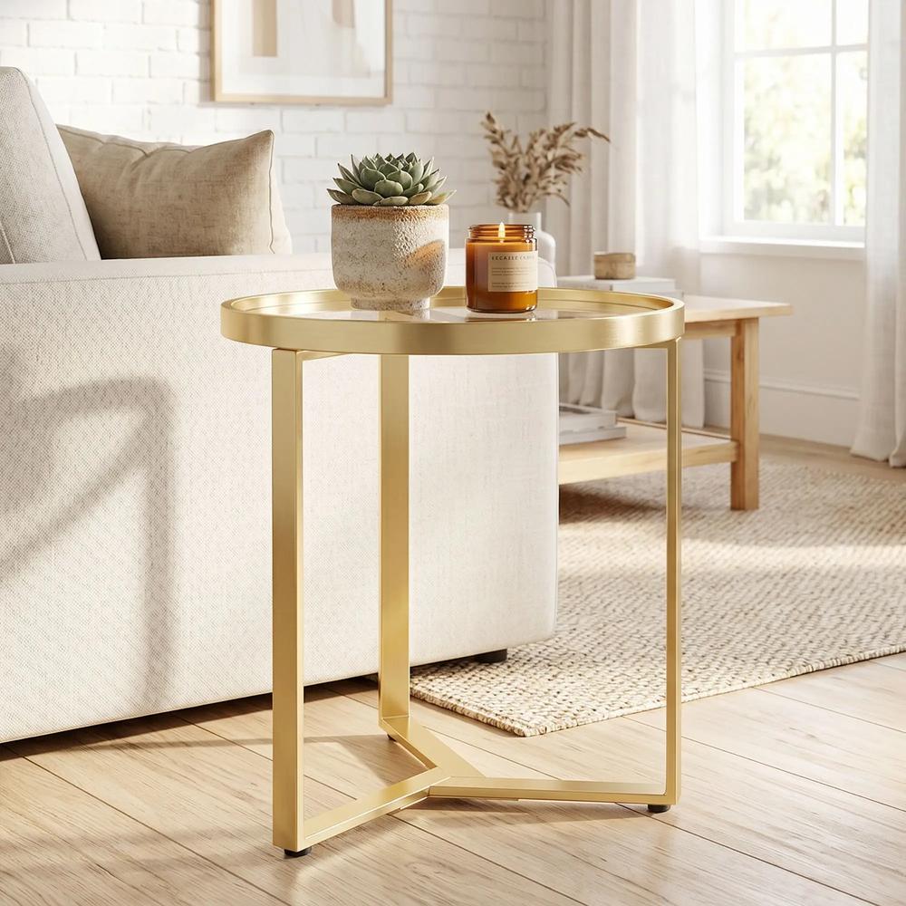 HOMCOM Round Side Table with Tempered Glass Top and Geometric Metal Frame for Small Space Additional View 8