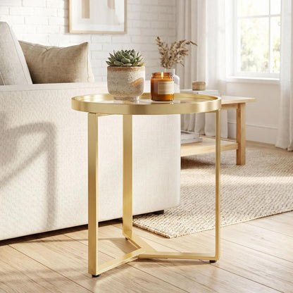 HOMCOM Round Side Table with Tempered Glass Top and Geometric Metal Frame for Small Space Additional View 8