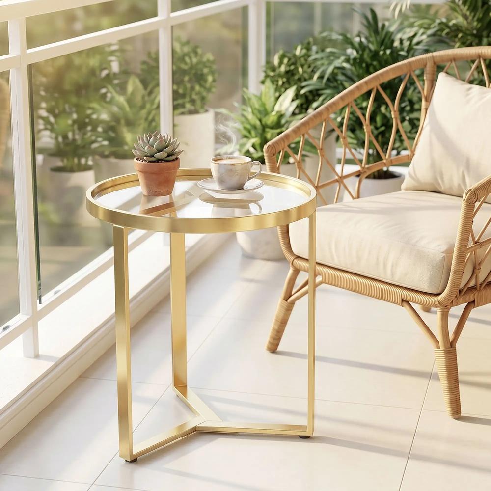 HOMCOM Round Side Table with Tempered Glass Top and Geometric Metal Frame for Small Space Additional View 9
