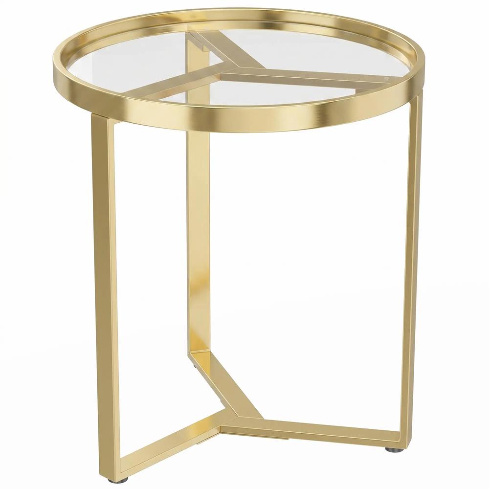 HOMCOM Round Side Table with Tempered Glass Top and Geometric Metal Frame for Small Space