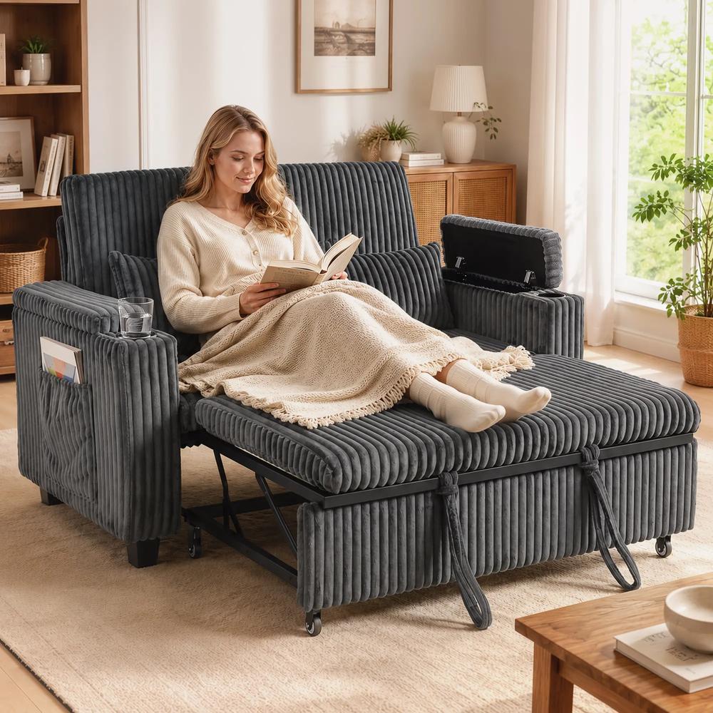HOMCOM 2 Seater Sofa Bed, Pull Out Sleeper Sofa w/ Adjustable Backrest, Storage Armrests, Cup Holders, Side Pockets Additional View 17