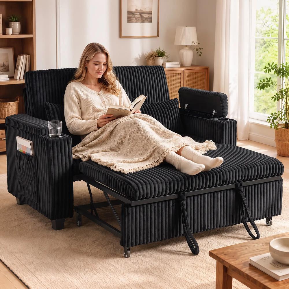 HOMCOM 2 Seater Sofa Bed, Pull Out Sleeper Sofa w/ Adjustable Backrest, Storage Armrests, Cup Holders, Side Pockets Additional View 2