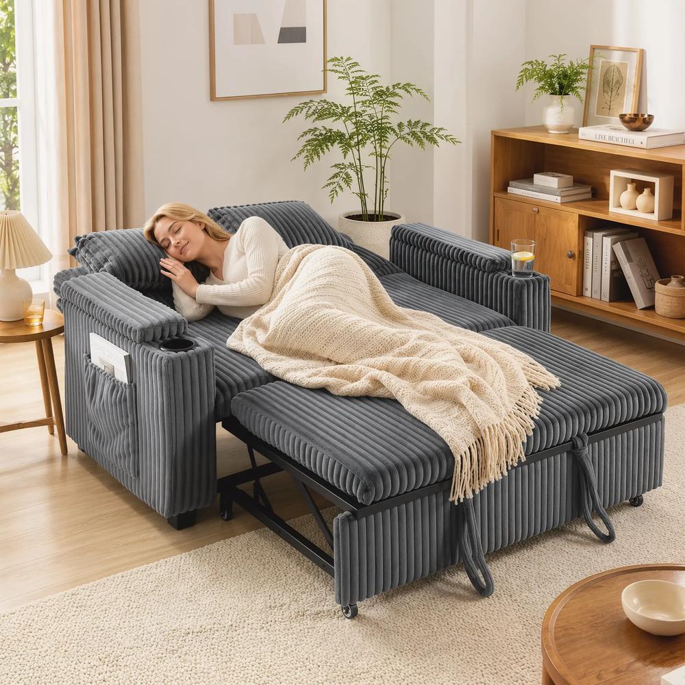 HOMCOM 2 Seater Sofa Bed, Pull Out Sleeper Sofa w/ Adjustable Backrest, Storage Armrests, Cup Holders, Side Pockets Additional View 23