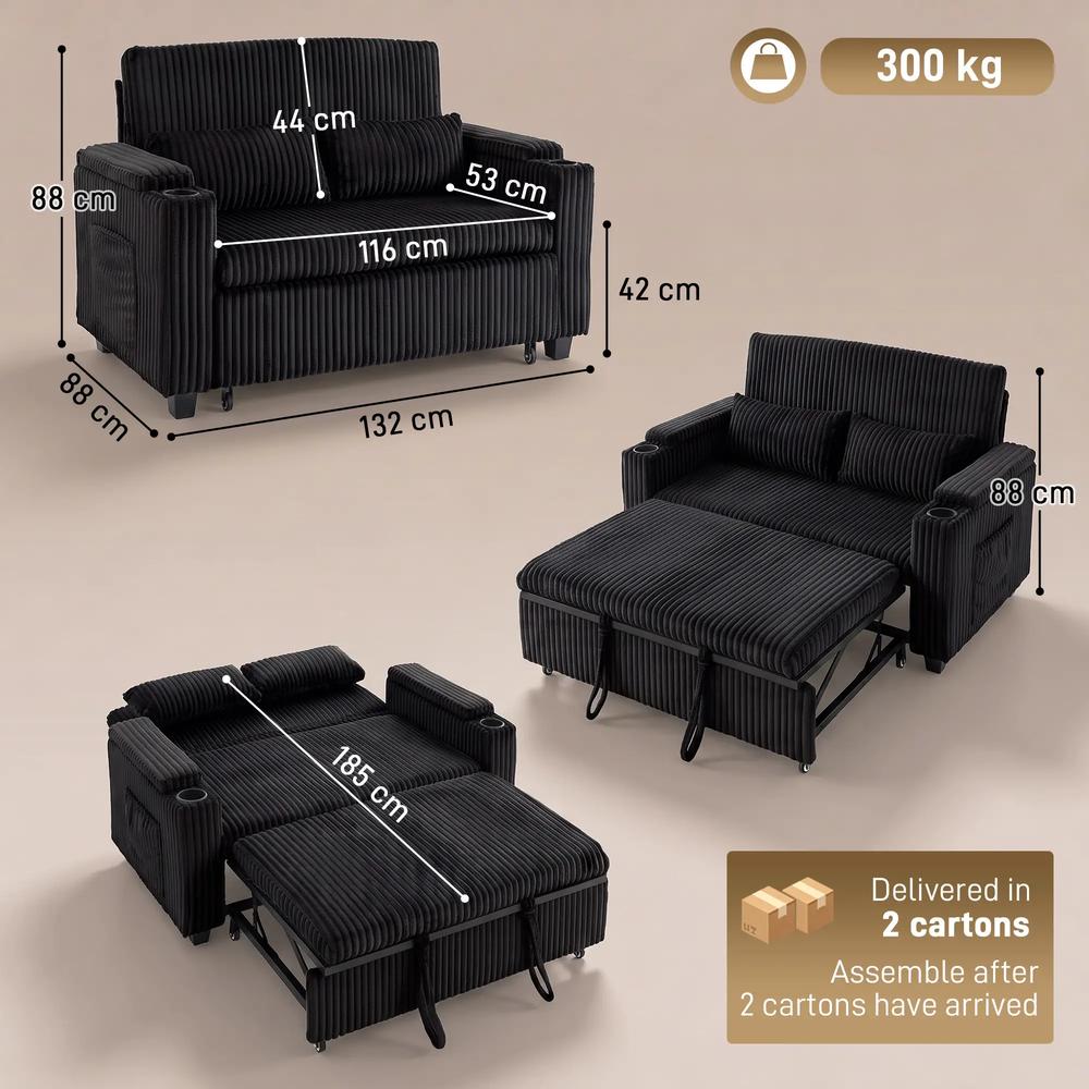 HOMCOM 2 Seater Sofa Bed, Pull Out Sleeper Sofa w/ Adjustable Backrest, Storage Armrests, Cup Holders, Side Pockets Additional View 3