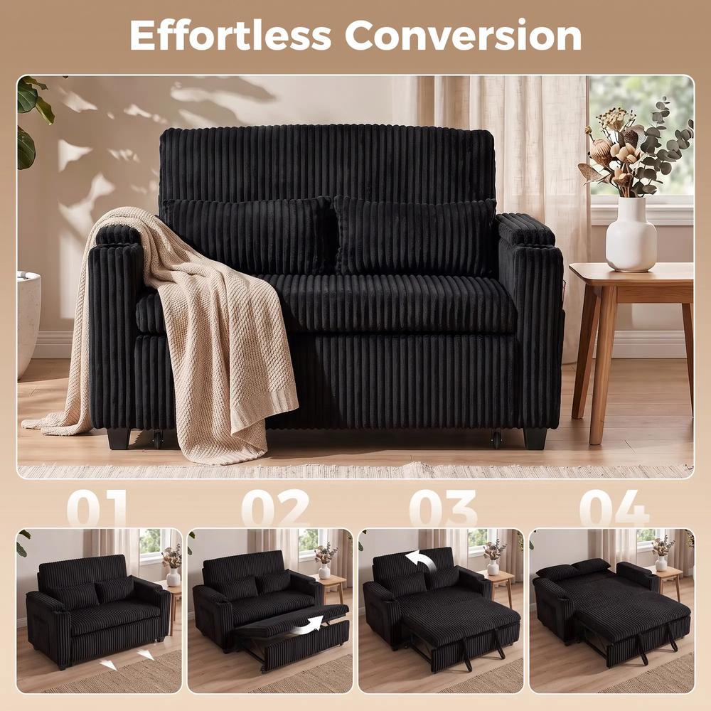 HOMCOM 2 Seater Sofa Bed, Pull Out Sleeper Sofa w/ Adjustable Backrest, Storage Armrests, Cup Holders, Side Pockets Additional View 4