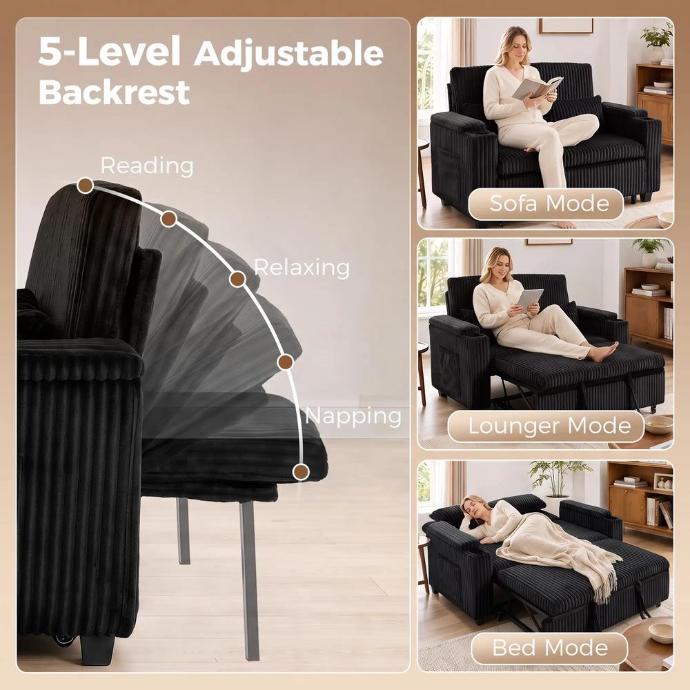 HOMCOM 2 Seater Sofa Bed, Pull Out Sleeper Sofa w/ Adjustable Backrest, Storage Armrests, Cup Holders, Side Pockets Additional View 5