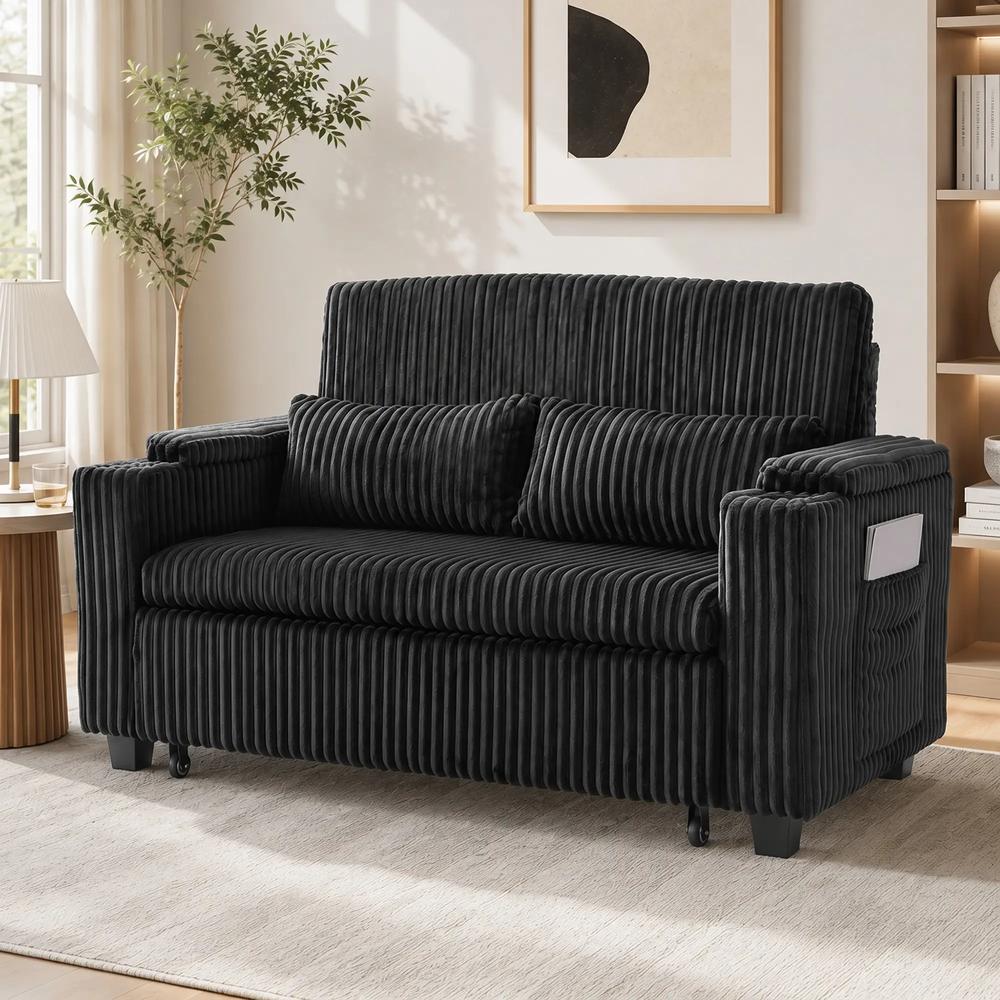 HOMCOM 2 Seater Sofa Bed, Pull Out Sleeper Sofa w/ Adjustable Backrest, Storage Armrests, Cup Holders, Side Pockets Additional View 9