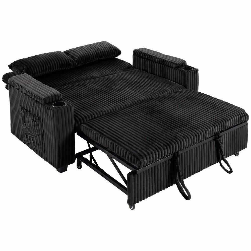 HOMCOM 2 Seater Sofa Bed, Pull Out Sleeper Sofa w/ Adjustable Backrest, Storage Armrests, Cup Holders, Side Pockets