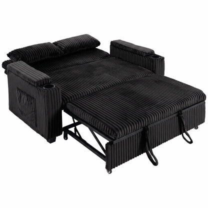 HOMCOM 2 Seater Sofa Bed, Pull Out Sleeper Sofa w/ Adjustable Backrest, Storage Armrests, Cup Holders, Side Pockets