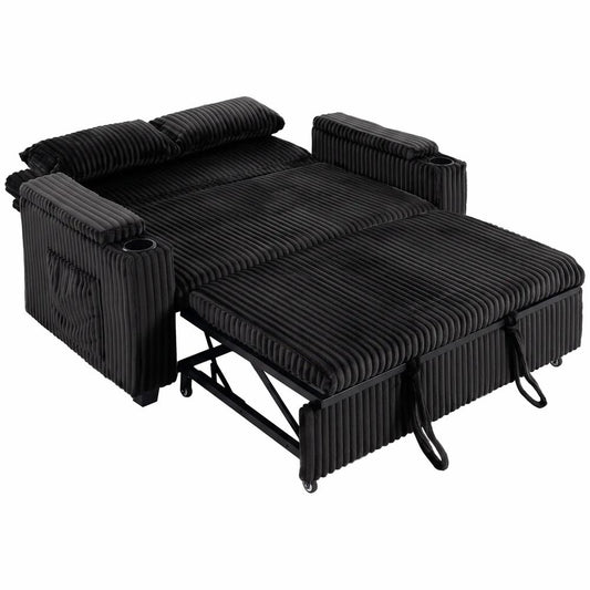 HOMCOM 2 Seater Sofa Bed, Pull Out Sleeper Sofa w/ Adjustable Backrest, Storage Armrests, Cup Holders, Side Pockets