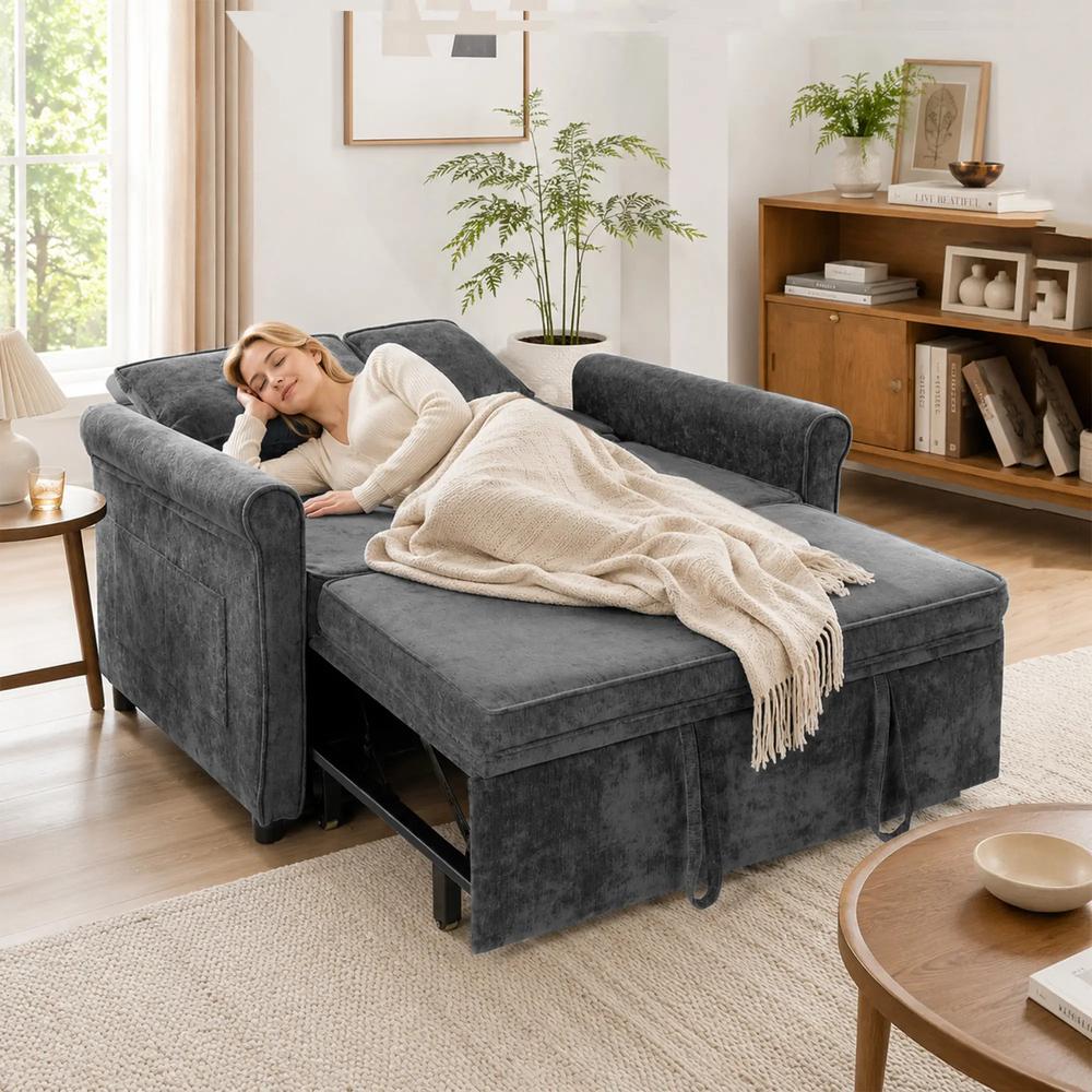 HOMCOM 2 Seater Sofa Bed 3-in-1 Convertible Chenille Pull Out Sleeper Sofa with 5-Position Adjustable Backrest Additional View 9