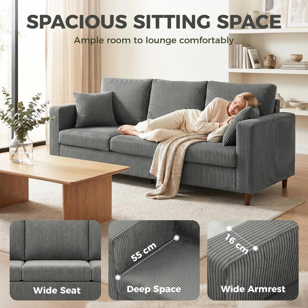 HOMCOM 3 Seater Sofa with Wide Seat, Corduroy Fabric Couch with Deep Seat, Spring Cushion Additional View 19