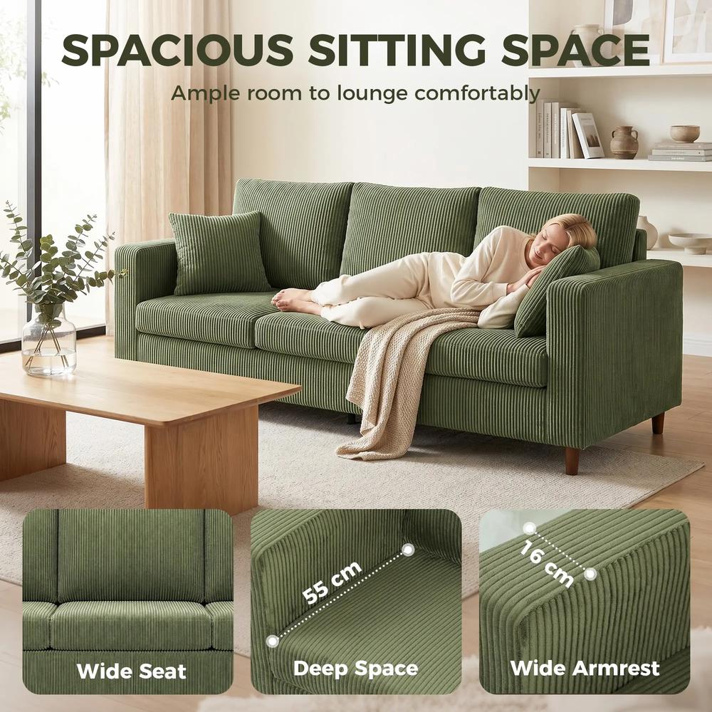 HOMCOM 3 Seater Sofa with Wide Seat, Corduroy Fabric Couch with Deep Seat, Spring Cushion Additional View 4