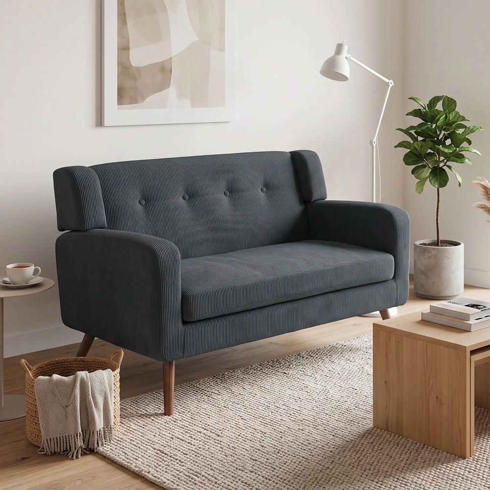 HOMCOM 2 Seater Sofa, 118 cm Corduroy Small Loveseat with Spring Cushion, Wood Legs for Small Space, Living Room, Dark Grey Additional View 2