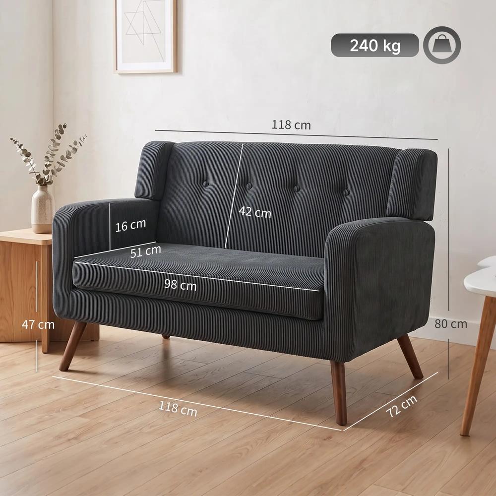HOMCOM 2 Seater Sofa, 118 cm Corduroy Small Loveseat with Spring Cushion, Wood Legs for Small Space, Living Room, Dark Grey Additional View 3