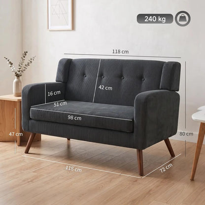 HOMCOM 2 Seater Sofa, 118 cm Corduroy Small Loveseat with Spring Cushion, Wood Legs for Small Space, Living Room, Dark Grey Additional View 3