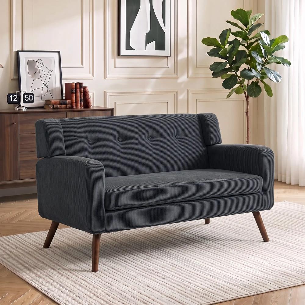 HOMCOM 2 Seater Sofa, 118 cm Corduroy Small Loveseat with Spring Cushion, Wood Legs for Small Space, Living Room, Dark Grey Additional View 9