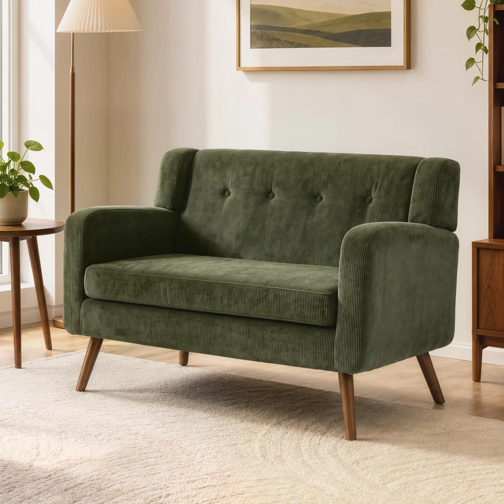 HOMCOM 2 Seater Sofa, 118 cm Corduroy Small Loveseat with Spring Cushion, Wood Legs for Small Space, Living Room, Dark Green Additional View 14