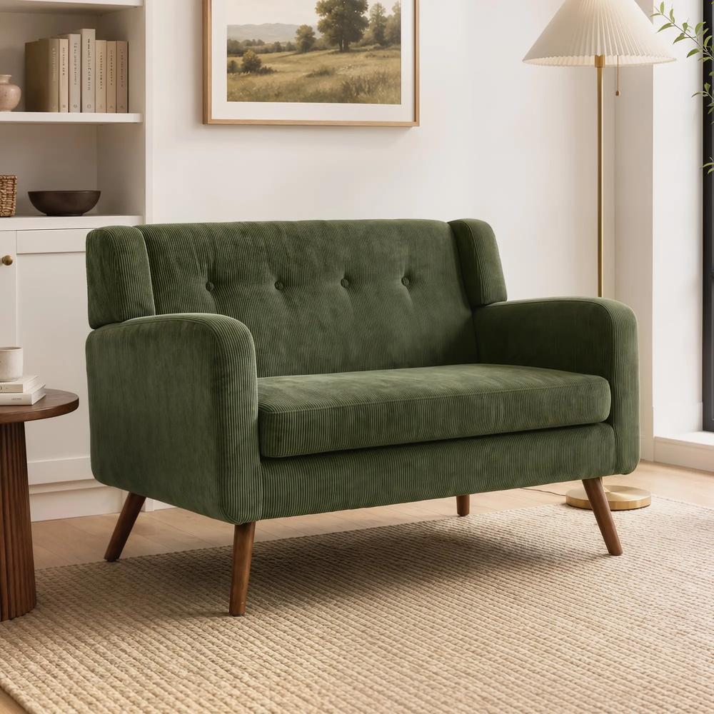 HOMCOM 2 Seater Sofa, 118 cm Corduroy Small Loveseat with Spring Cushion, Wood Legs for Small Space, Living Room, Dark Green Additional View 2