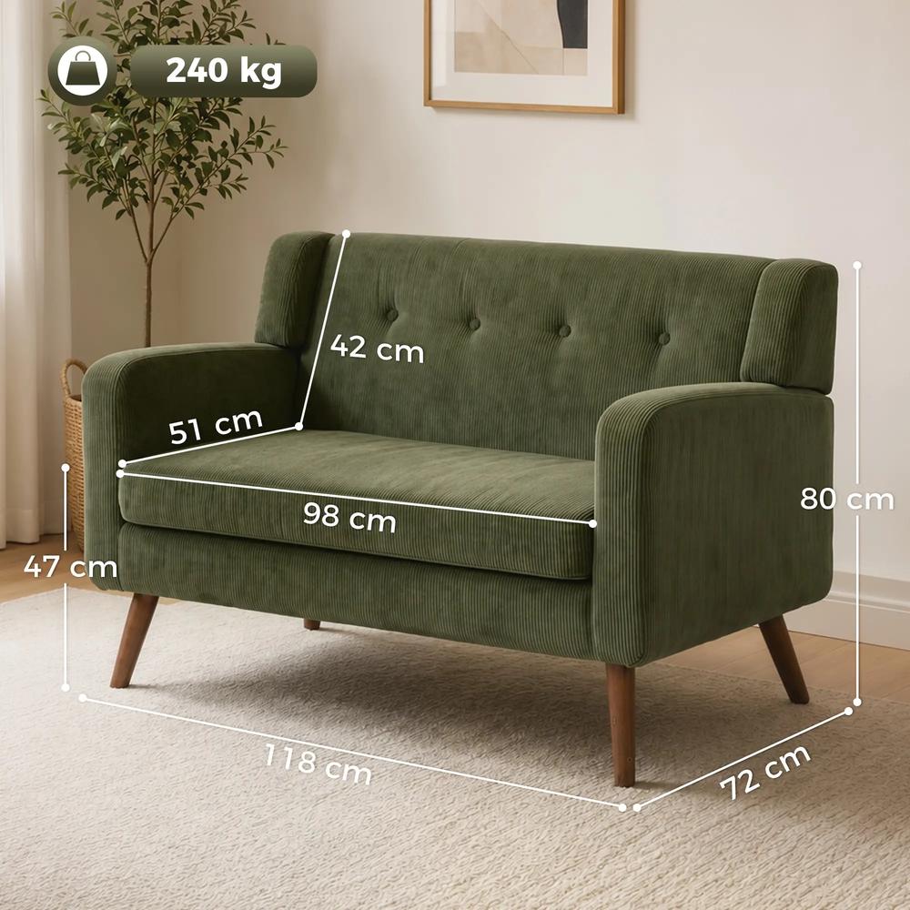 HOMCOM 2 Seater Sofa, 118 cm Corduroy Small Loveseat with Spring Cushion, Wood Legs for Small Space, Living Room, Dark Green Additional View 3