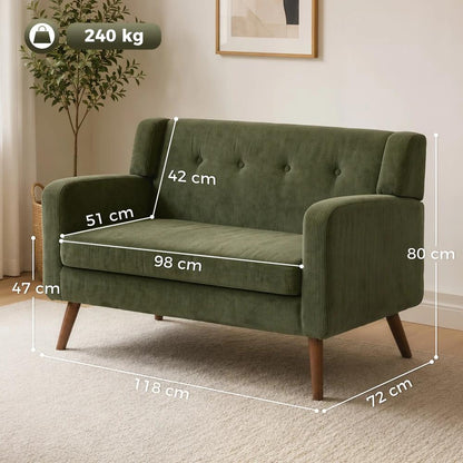 HOMCOM 2 Seater Sofa, 118 cm Corduroy Small Loveseat with Spring Cushion, Wood Legs for Small Space, Living Room, Dark Green Additional View 3