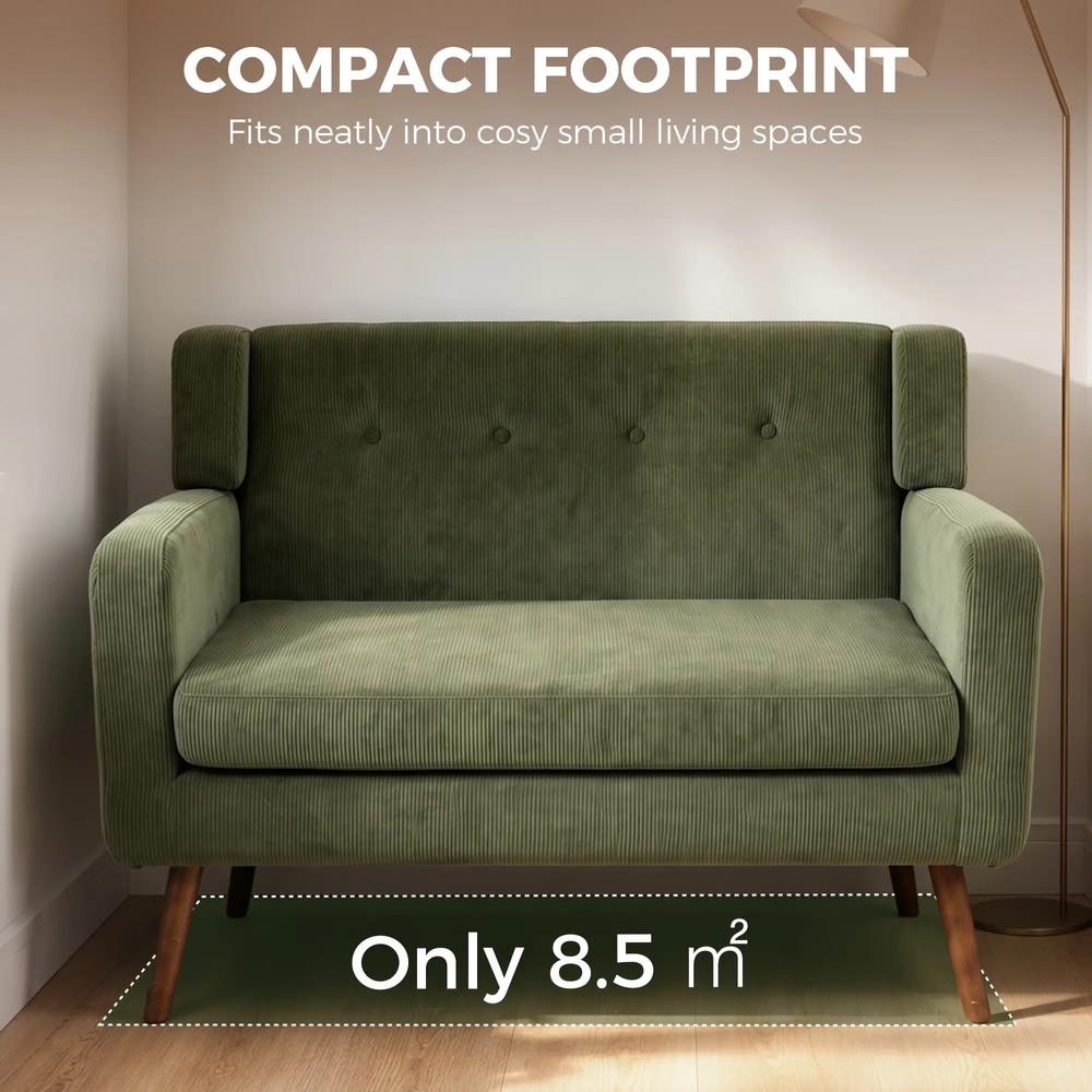 HOMCOM 2 Seater Sofa, 118 cm Corduroy Small Loveseat with Spring Cushion, Wood Legs for Small Space, Living Room, Dark Green Additional View 6