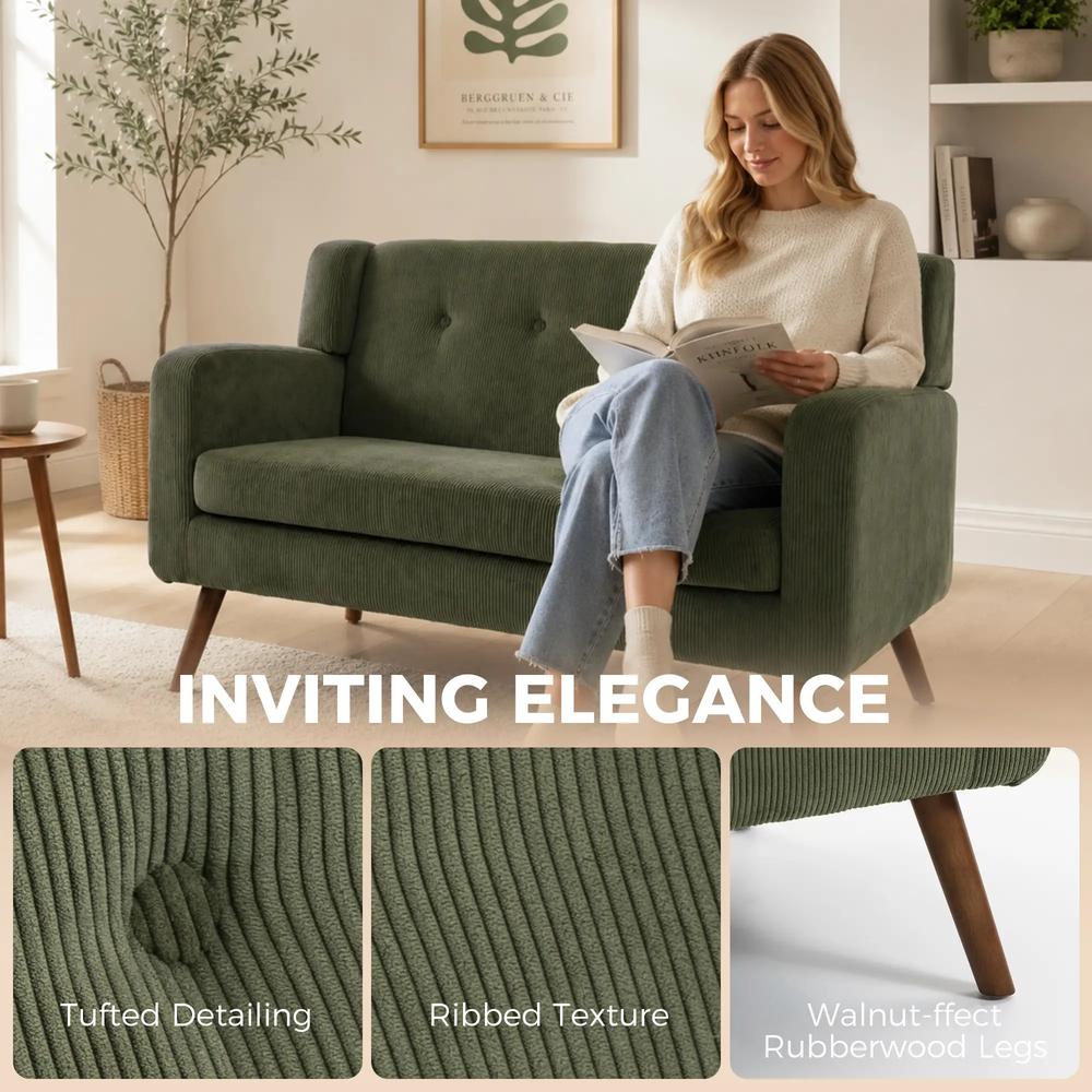 HOMCOM 2 Seater Sofa, 118 cm Corduroy Small Loveseat with Spring Cushion, Wood Legs for Small Space, Living Room, Dark Green Additional View 7