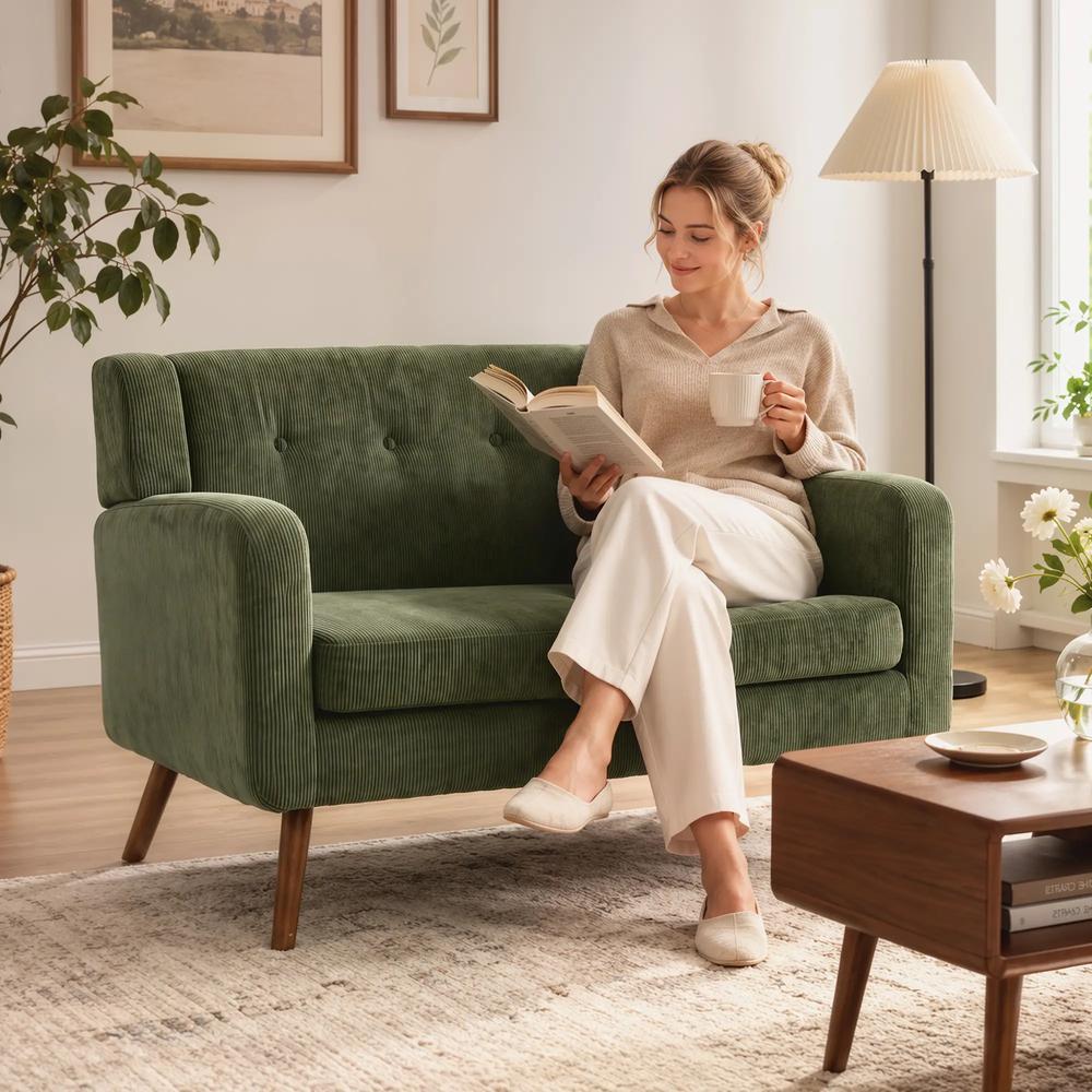 HOMCOM 2 Seater Sofa, 118 cm Corduroy Small Loveseat with Spring Cushion, Wood Legs for Small Space, Living Room, Dark Green Additional View 9