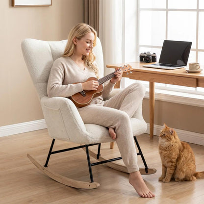 HOMCOM Rocking Chair, Teddy Fleece Rocker Chair with Tufted Wingback, Side Pockets, Rubber Wood Legs Additional View 14