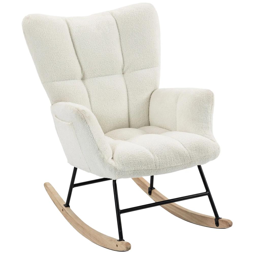 HOMCOM Rocking Chair, Teddy Fleece Rocker Chair with Tufted Wingback, Side Pockets, Rubber Wood Legs Additional View 15