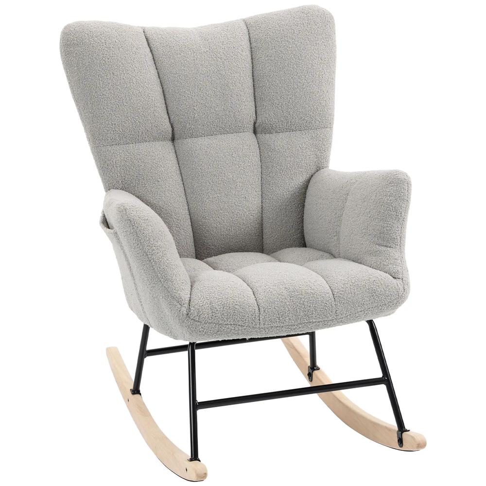 HOMCOM Rocking Chair, Teddy Fleece Rocker Chair with Tufted Wingback, Side Pockets, Rubber Wood Legs Additional View 16