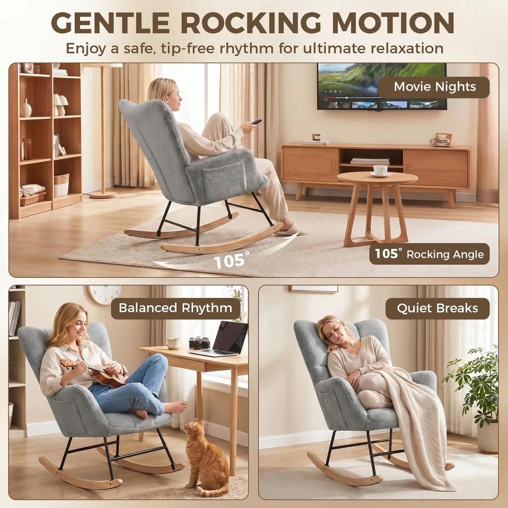HOMCOM Rocking Chair, Teddy Fleece Rocker Chair with Tufted Wingback, Side Pockets, Rubber Wood Legs Additional View 19