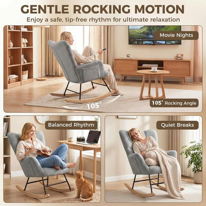 HOMCOM Rocking Chair, Teddy Fleece Rocker Chair with Tufted Wingback, Side Pockets, Rubber Wood Legs Additional View 19