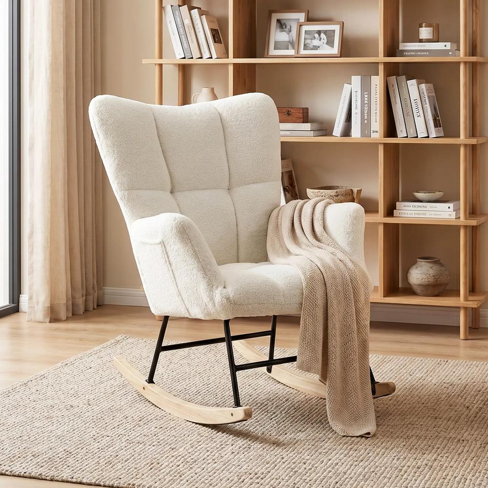 HOMCOM Rocking Chair, Teddy Fleece Rocker Chair with Tufted Wingback, Side Pockets, Rubber Wood Legs Additional View 2