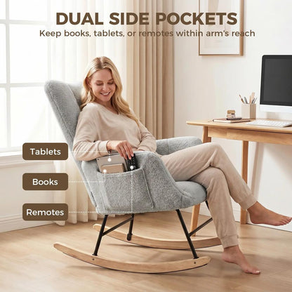 HOMCOM Rocking Chair, Teddy Fleece Rocker Chair with Tufted Wingback, Side Pockets, Rubber Wood Legs Additional View 22