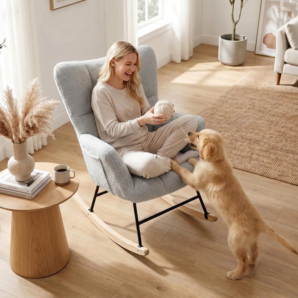 HOMCOM Rocking Chair, Teddy Fleece Rocker Chair with Tufted Wingback, Side Pockets, Rubber Wood Legs Additional View 23