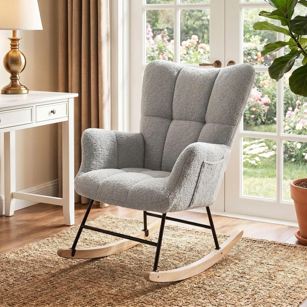 HOMCOM Rocking Chair, Teddy Fleece Rocker Chair with Tufted Wingback, Side Pockets, Rubber Wood Legs Additional View 24