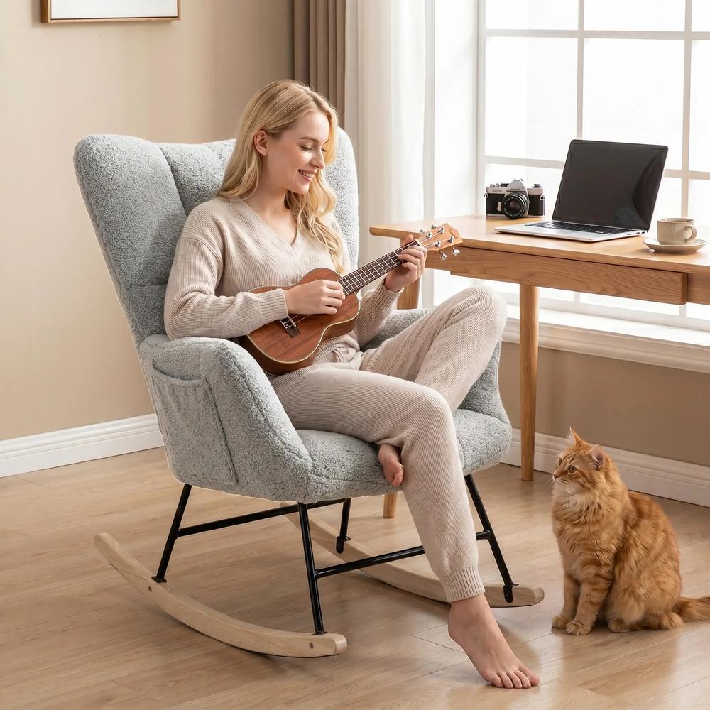 HOMCOM Rocking Chair, Teddy Fleece Rocker Chair with Tufted Wingback, Side Pockets, Rubber Wood Legs Additional View 29