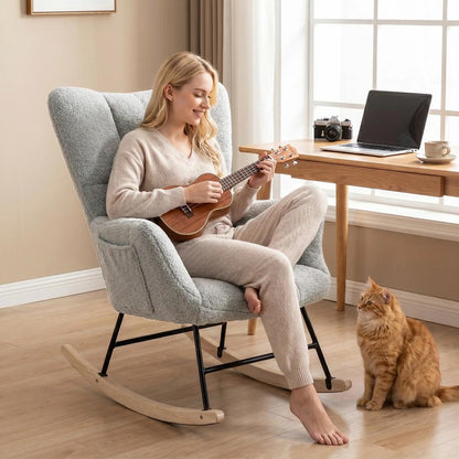 HOMCOM Rocking Chair, Teddy Fleece Rocker Chair with Tufted Wingback, Side Pockets, Rubber Wood Legs Additional View 29