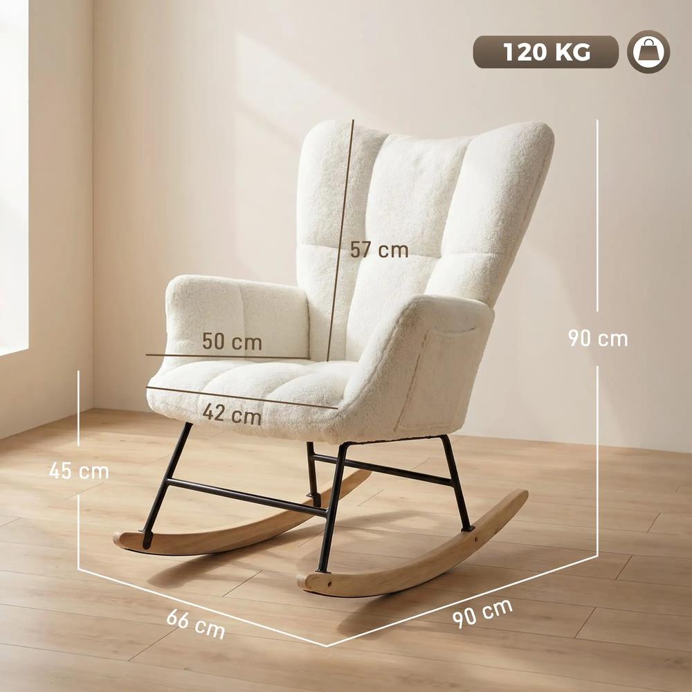 HOMCOM Rocking Chair, Teddy Fleece Rocker Chair with Tufted Wingback, Side Pockets, Rubber Wood Legs Additional View 3