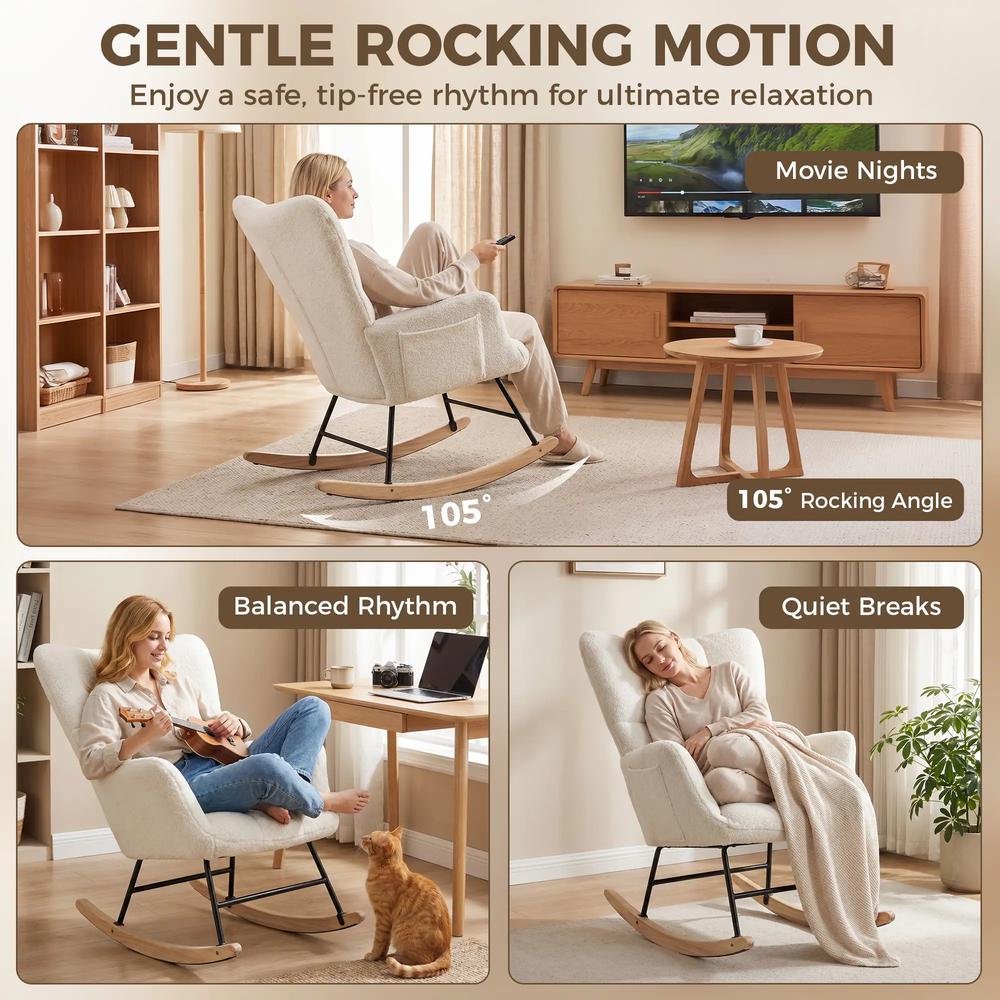 HOMCOM Rocking Chair, Teddy Fleece Rocker Chair with Tufted Wingback, Side Pockets, Rubber Wood Legs Additional View 4