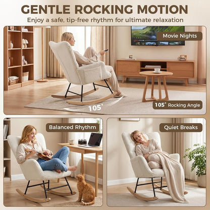 HOMCOM Rocking Chair, Teddy Fleece Rocker Chair with Tufted Wingback, Side Pockets, Rubber Wood Legs Additional View 4
