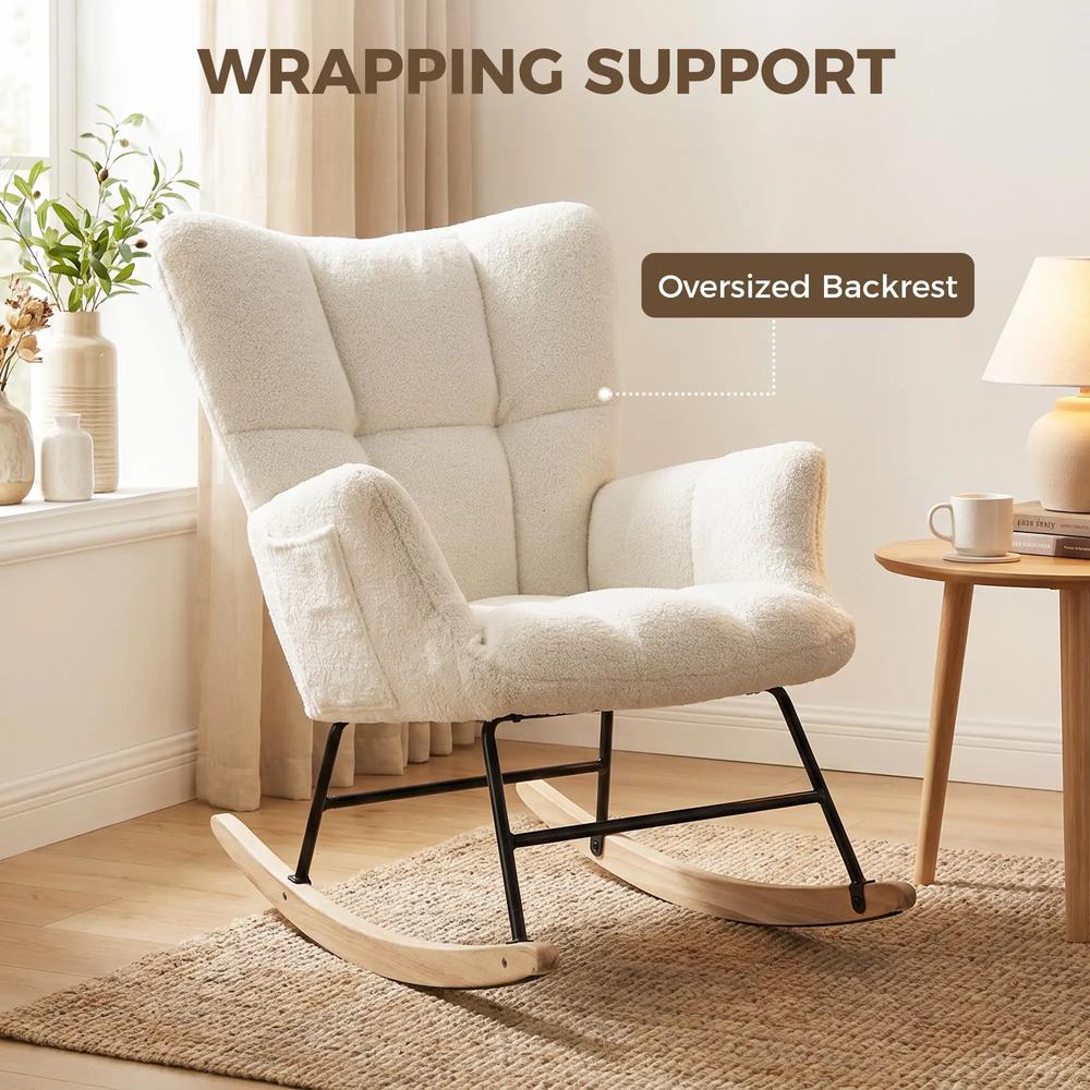 HOMCOM Rocking Chair, Teddy Fleece Rocker Chair with Tufted Wingback, Side Pockets, Rubber Wood Legs Additional View 5